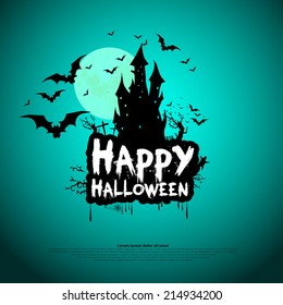 Happy Halloween Card Template, Mix of Various Spooky Creatures, Moon and Castle, Vector Illustration