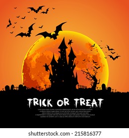 Happy Halloween Card Template, Mix of Various Spooky Creatures, Moon and Castle, Vector Illustration