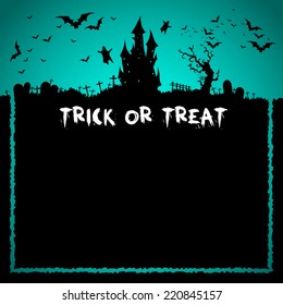 Happy Halloween Card Template, Mix of Various Spooky Creatures, Moon and Castle, Vector Illustration