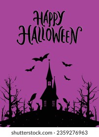 Happy Halloween Card Template, Mix of Various Spooky Creatures, Moon and Castle, Vector Illustration
