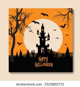 Happy Halloween Card Template, Mix of Various Spooky Creatures, Moon and Castle, Vector Illustration