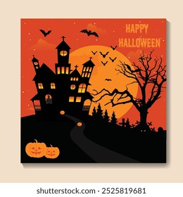 Happy Halloween Card Template, Mix of Various Spooky Creatures, Moon and Castle, Vector Illustration