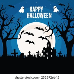 Happy Halloween Card Template, Mix of Various Spooky Creatures, Moon and Castle, Vector Illustration