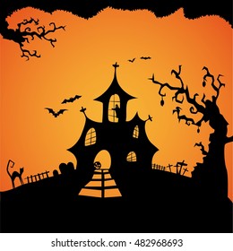Happy Halloween Card Template, Mix of Various Spooky Creatures and horror house, Vector Illustration
