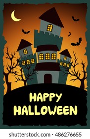 Happy Halloween Card Template. Mix of Various Spooky Creatures. Moon and Castle, Vector Illustration