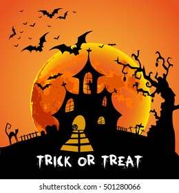 Happy Halloween Card Template, Mix of Various Spooky Creatures, Moon and horror house, Vector Illustration