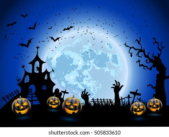 Happy Halloween Card Template, Mix of Various Spooky Creatures, Moon and Castle, Vector Illustration