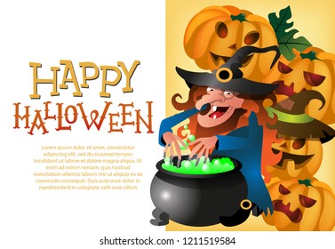 Happy Halloween card template. Old witch with potion and pumpkin lanterns on yellow background. Festive design can be used for flyers, banners, posters