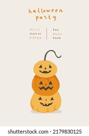 Happy Halloween card template with pumpkin. Poster design with jack o lantern for party. Autumn holiday invitation with lettering, typography. Promo, ad placard. Vector flat cartoon style illustration