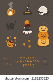 Happy Halloween card template with pumpkin, bats, ghosts. Poster design for party. Autumn holiday invitation with lettering, typography. Promo, ad placard. Vector flat cartoon style illustration