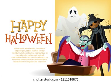 Happy Halloween card template. Vampire in coffin, ghost and pumpkin scarecrow on yellow background. Festive design can be used for flyers, banners, posters