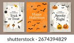 Happy Halloween card templates. Set of cute vector cartoon style cards with candy, pumpkins, spiders, bats, and spider webs. Trendy flat lay design