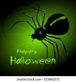 Happy Halloween card with a Terrible black Spider on green  spider web. Vector illustration