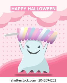 happy halloween card. happy halloween text and ghost character with marshmallow on  pink tone.