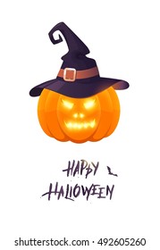 Happy halloween card with text, pumpkin and witch hat.  Halloween poster. HAlloween pumpkin with hat isolated on white. Vector illustration