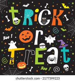 Happy halloween card with tick and treat text and decorations