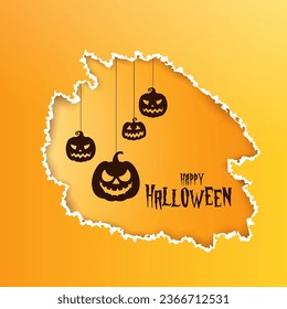 Happy halloween card torn paper effect background with hanging pumpkins with halloween wish text