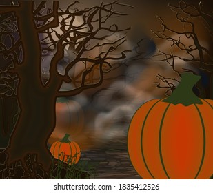 Happy Halloween card with tree and pumpkin. vector illustration