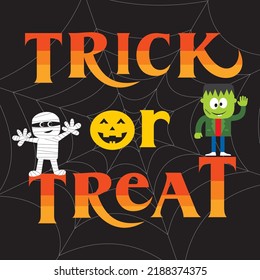 Happy halloween card with trick or treat text, ghost and frankenstein