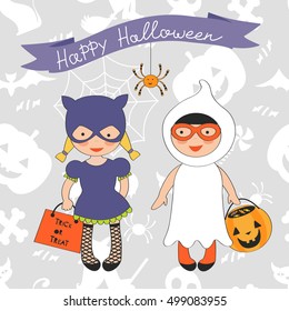 Happy Halloween card with two kids in costumes