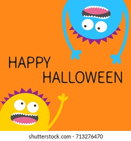Happy Halloween card. Two screaming monster head silhouette set. Hanging upside down. Eyes, teeth, tongue, hands. Funny Cute cartoon character. Baby collection. Flat design. Orange background. Vector