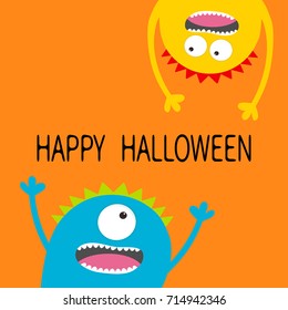 Happy Halloween card. Two screaming monster head silhouette set. Eyes, teeth, tongue, hands. Hanging upside down. Funny Cute cartoon character. Baby collection. Flat design. Orange background. Vector