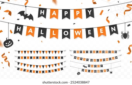 Happy Halloween card, typography font, streamers. Hanging garlands. Realistic party paper flags, banner set, confetti. Celebration bunting mockup concept. Transparent background. Vector design element