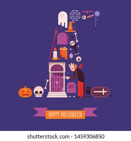 Happy halloween card with vampire, ghosts, tombs, bats and pumpkins. Halloween icons and gothic elements stylized in witch hat shape. Horror night t-shirt print pattern in flat design.