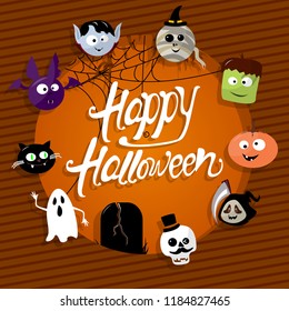 Happy Halloween card with vampire, mummy, skull, bat, pumpkin and zombie