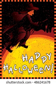 Happy Halloween card. Vector background with Witch flying on broom and moon
