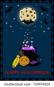 Happy Halloween card. Vector illustration of witch accessories on full moon background with stars and bats and red text Happy Halloween. Invitation, greeting card, poster, banner.