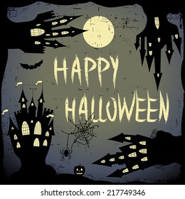 Happy Halloween card.  Halloween vector template with  four haunted castle, pumpkin,  full moon and bats. Halloween vector card dark backdrop. Vector design elements.