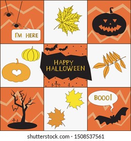 Happy halloween card in white and red colors. Greeting card or poster with bats, an evil pumpkin and scary spiders. Black silhouettes and cheerful text.