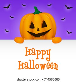 Happy Halloween - card with wishes and scary pumpkin lantern. Vector.