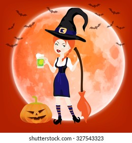 Happy Halloween card with witch with broom and pumpkin against the moon