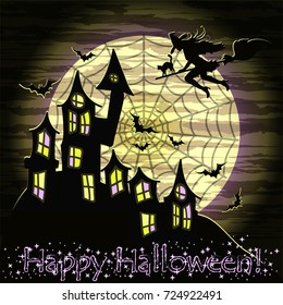 Happy Halloween card with witch, cat and magic castle, vector illustration