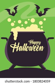 happy halloween card with witch cauldron and bats vector illustration design