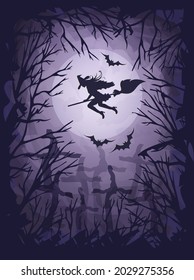 Happy halloween card with witch flies on a broomstick, vector illustration
