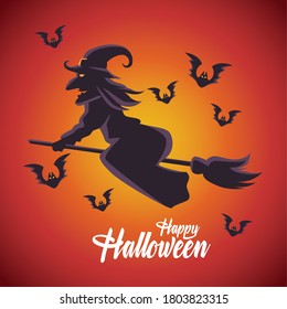 happy halloween card with witch flying in broom and bats vector illustration design