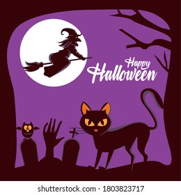 happy halloween card with witch flying in broom and cat in cemetery vector illustration design