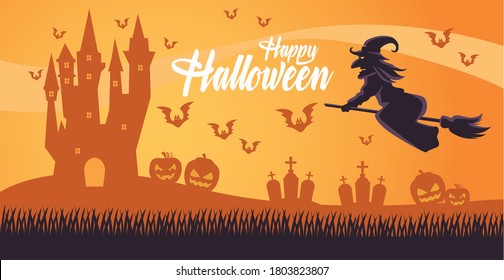 happy halloween card with witch flying in broom and cemetery vector illustration design