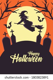 happy halloween card with witch flying in broom over cemetery vector illustration design