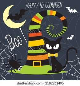 Happy halloween card with witch hat and black cat
