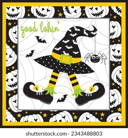 Happy halloween card with witch hat and elf shoes