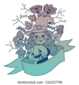 Happy Halloween card. Witch and Jack Lantern pumpkin. Soft Gradient. eps 8. Vector illustration for invitations, posters, postcards