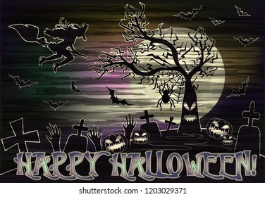 Happy Halloween card with witch on a broomstick , vector illustration