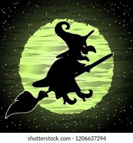 Happy Halloween card with witch on a broomstick , vector illustration