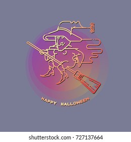 Happy Halloween card with witch on a broom on blue background.