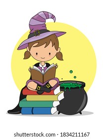 Feliz tarjeta de Halloween. Lecturas de bruja junto a una poción. ilustración vectorial