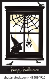 Happy Halloween card. Witch silhouette and spooky spider web. Vector